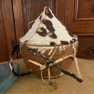 Native American Vintage Animal Hide Covered Basket, Authentic Piece